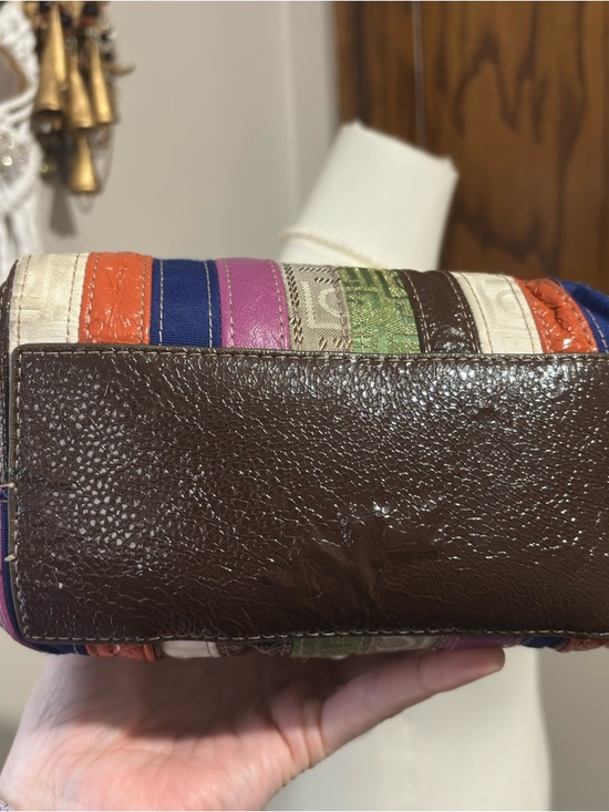 Y2K Vintage Colorful Striped Tote Bag Purse Brown Faux Patent Leather Trim Small - Picture 6 of 10